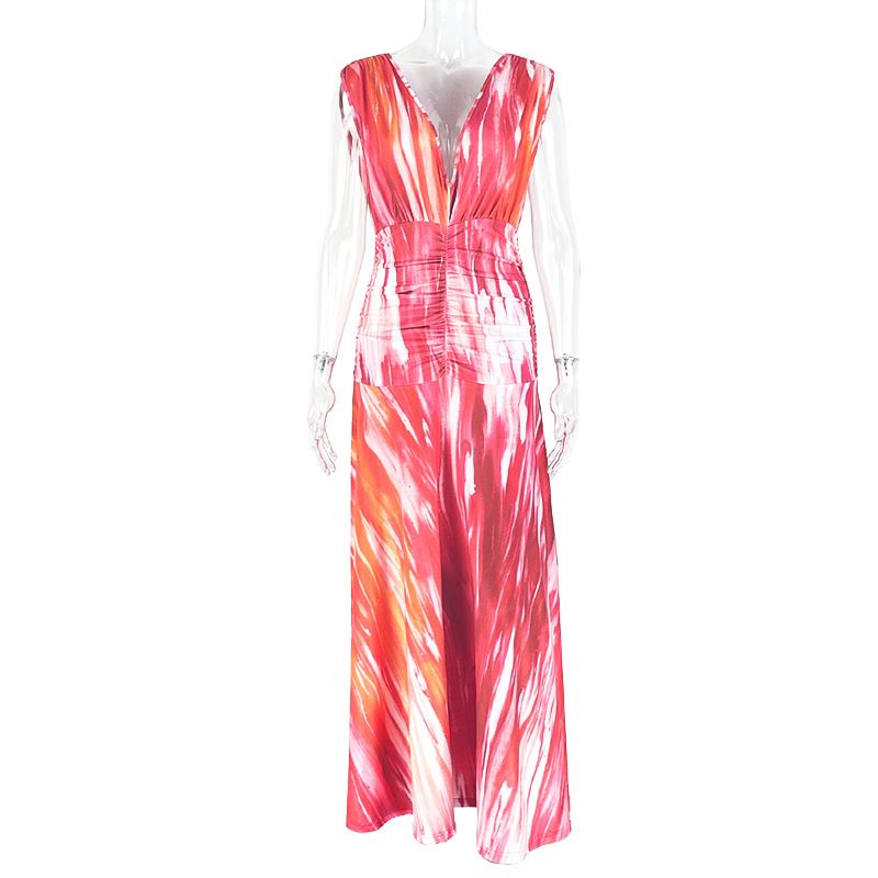 Summer new women's dress casual and comfortable printing sleeveless V-neck waist loose big skirt long dress suitable for daily leisure and holiday banquets.