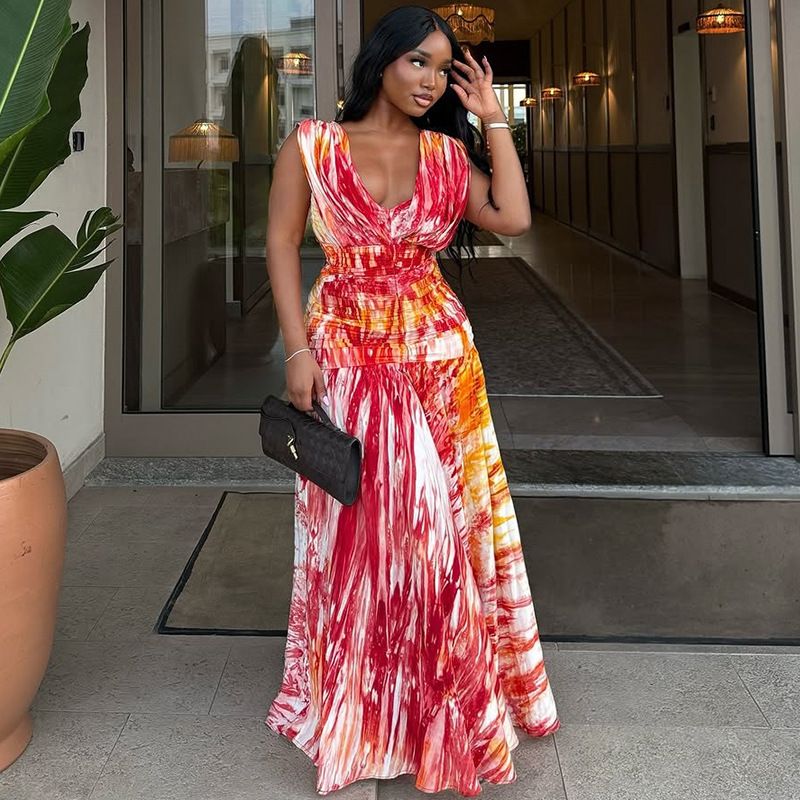 Summer new women's dress casual and comfortable printing sleeveless V-neck waist loose big skirt long dress suitable for daily leisure and holiday banquets.