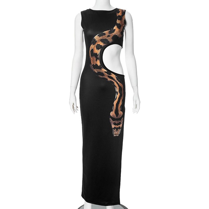New women's dresses in summer are fashionable and elegant, sleeveless round neck prints, hollow waist and slim split long dresses are suitable for daily leisure commuting parties.