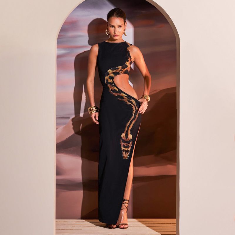 New women's dresses in summer are fashionable and elegant, sleeveless round neck prints, hollow waist and slim split long dresses are suitable for daily leisure commuting parties.
