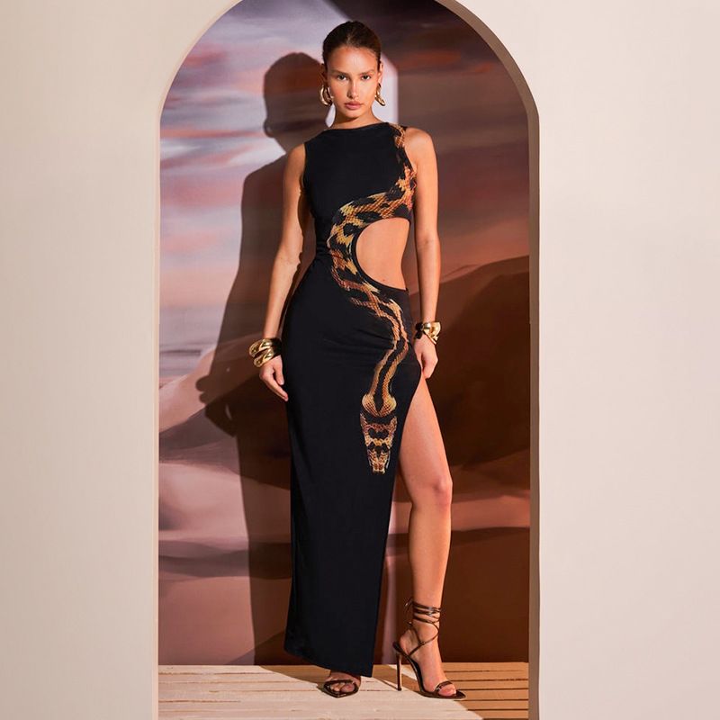 New women's dresses in summer are fashionable and elegant, sleeveless round neck prints, hollow waist and slim split long dresses are suitable for daily leisure commuting parties.