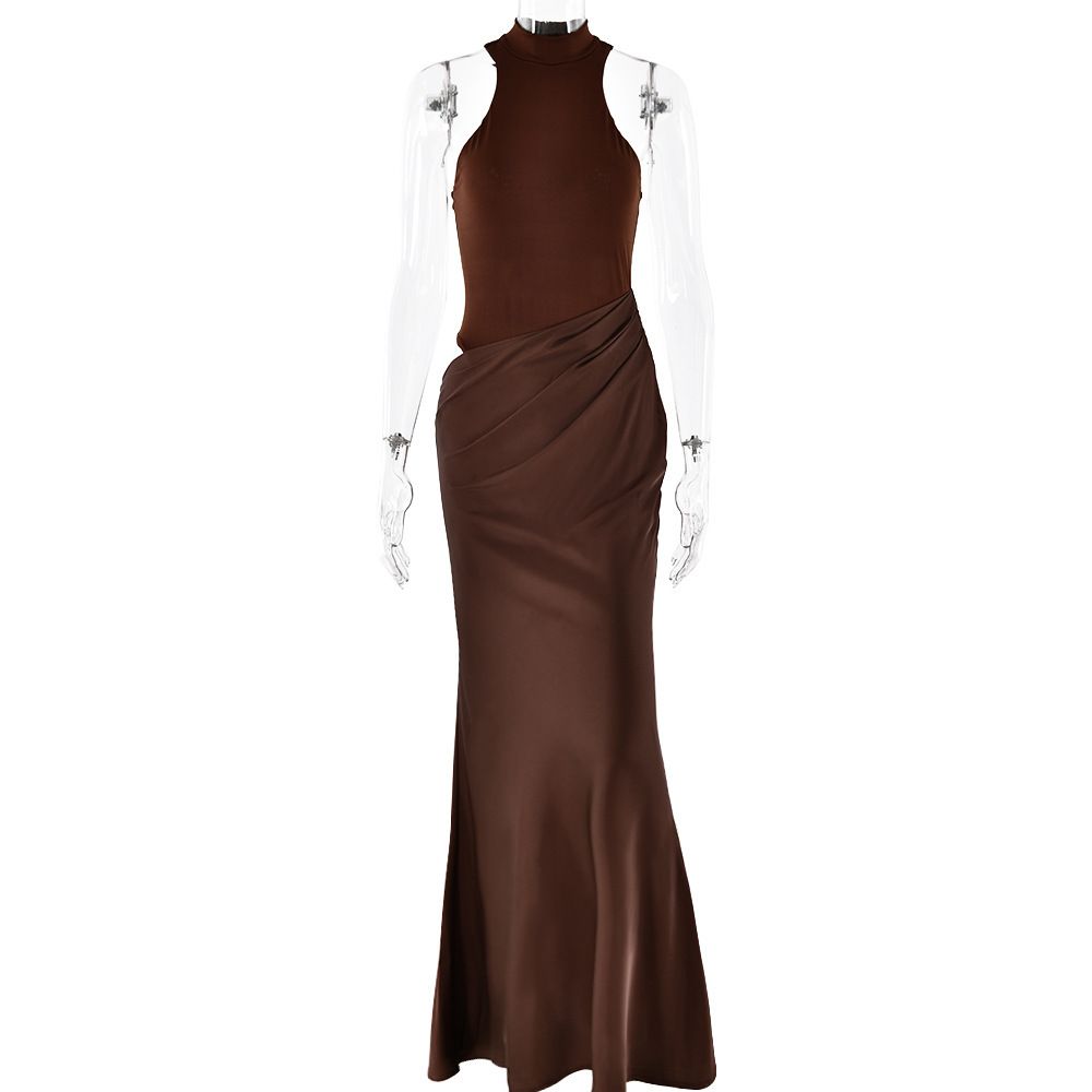 New women's dresses in summer are fashionable and elegant. Solid color round neck sleeveless slim stitching hollow long dresses are suitable for daily leisure commuting dinner guests.