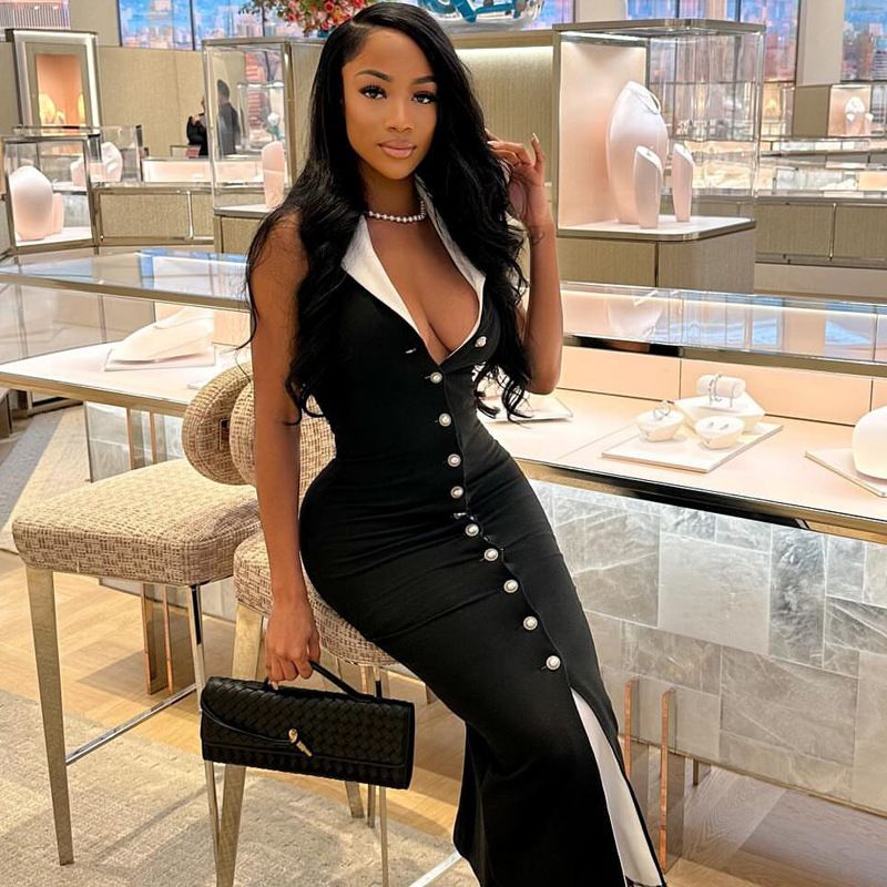 Summer new women's dress fashion temperament sleeveless suit collar V-neck front buckle slim contrast long dress suitable for daily leisure office commuting.