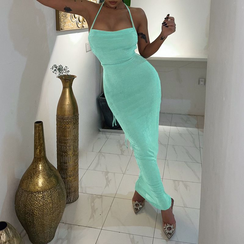 Summer new women's fashion temperament solid color sleeveless sling backless slim long dress is suitable for daily leisure party dinner guests' dresses.