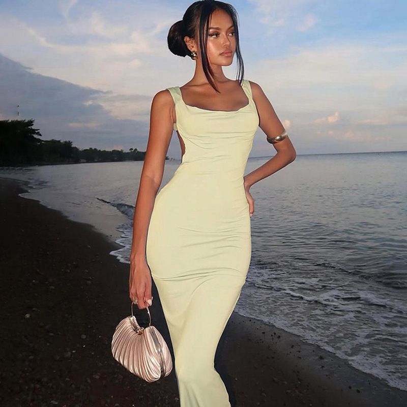 Summer new women's dress fashion elegant temperament solid color sleeveless suspenders halter bow slim long dress suitable for leisure party dinner dress.