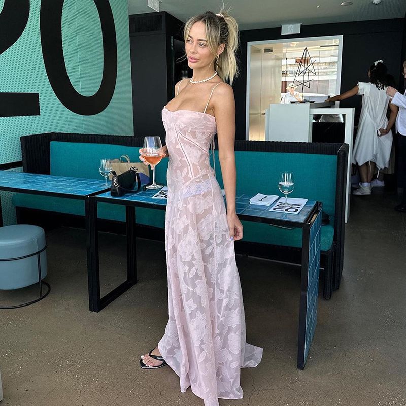 Europe and the United States summer new women's dress fashion solid color perspective sleeveless sling big skirt long dress suitable for leisure holiday party banquet dress.