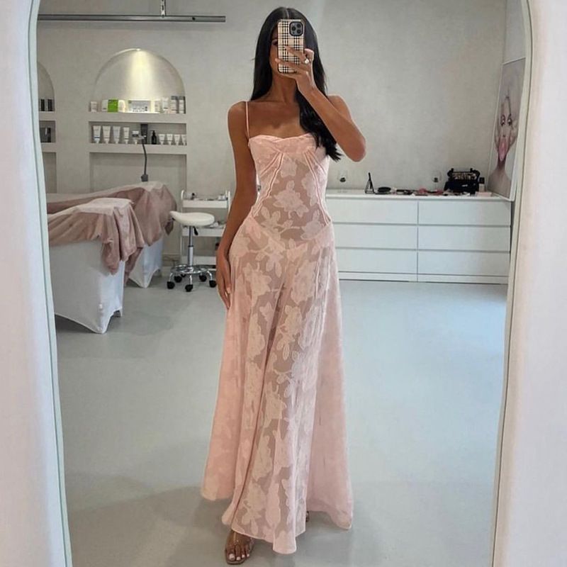 Europe and the United States summer new women's dress fashion solid color perspective sleeveless sling big skirt long dress suitable for leisure holiday party banquet dress.
