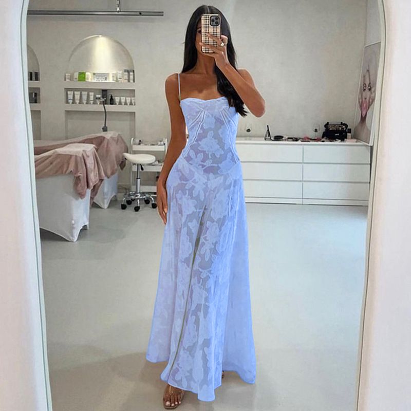 Europe and the United States summer new women's dress fashion solid color perspective sleeveless sling big skirt long dress suitable for leisure holiday party banquet dress.