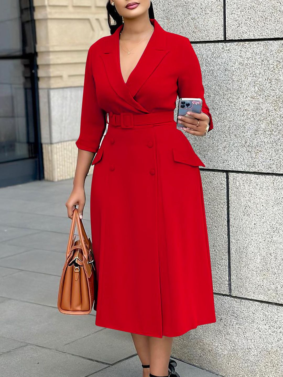 New women's dresses in summer are solid colors, sleeves, suits, collars, double-breasted belts, belts and long dresses, which are suitable for leisure office commuting.