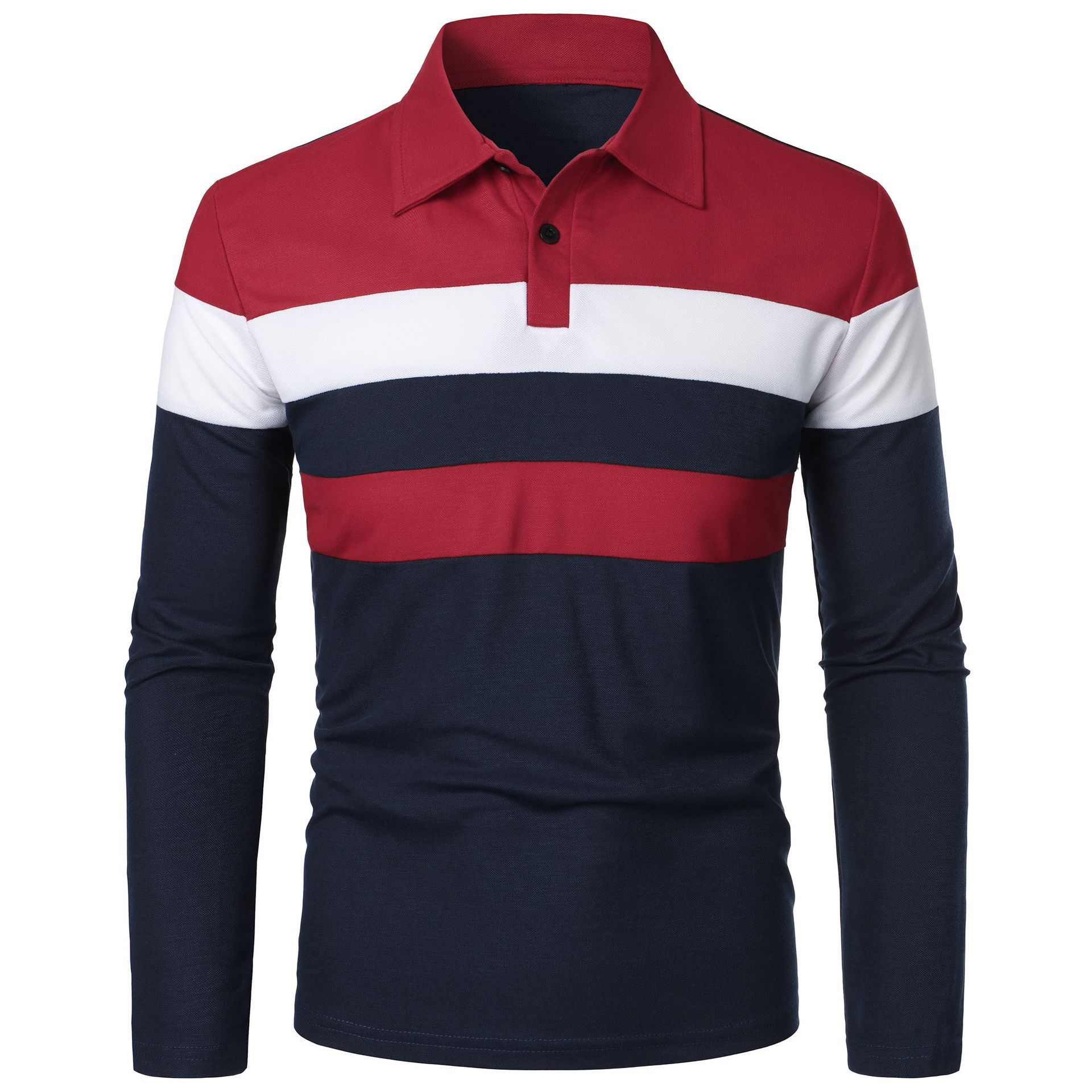 Summer new men's T-shirt long sleeve lapel stripe color matching fashion T-shirt is suitable for daily leisure outdoor sports commuting business wear.