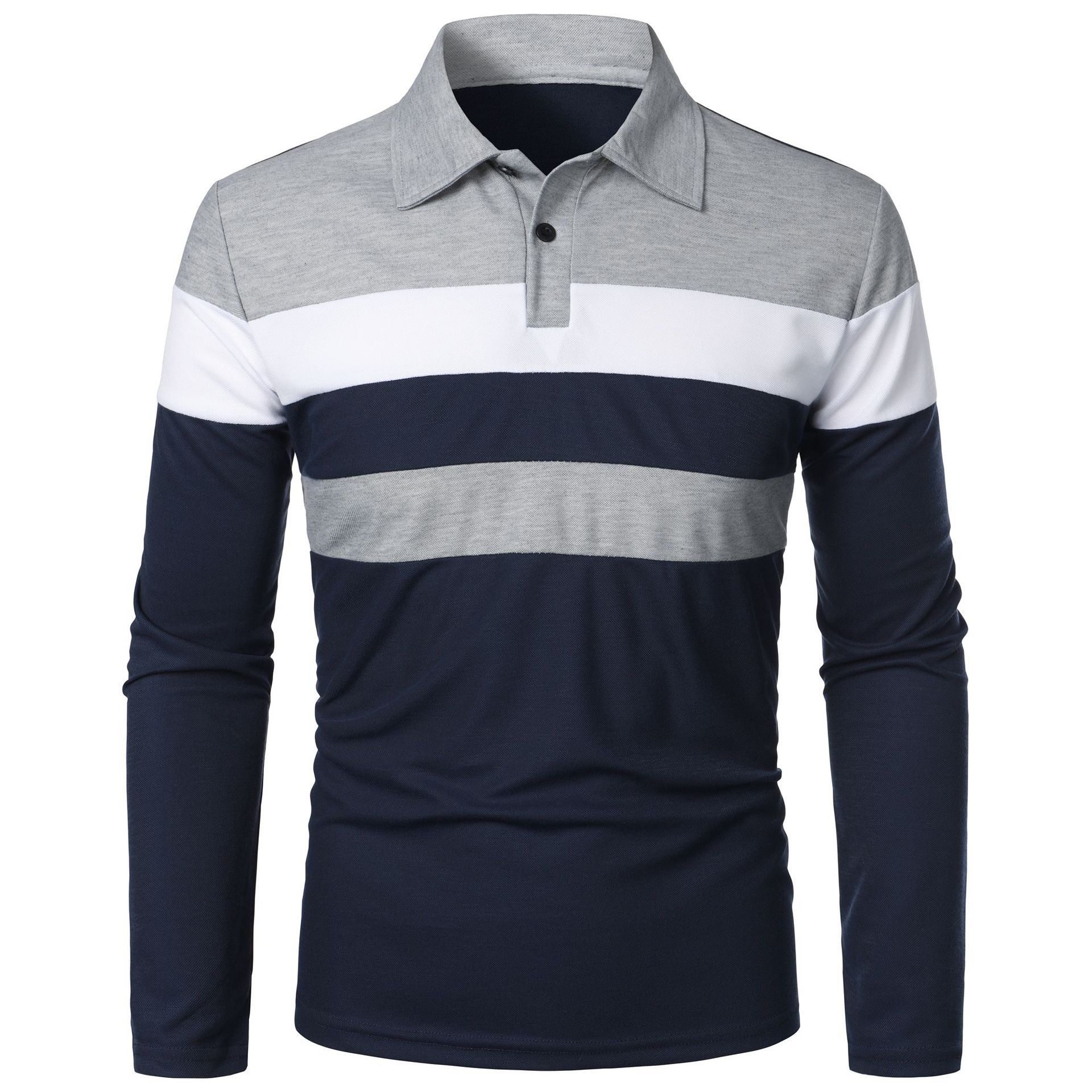 Summer new men's T-shirt long sleeve lapel stripe color matching fashion T-shirt is suitable for daily leisure outdoor sports commuting business wear.