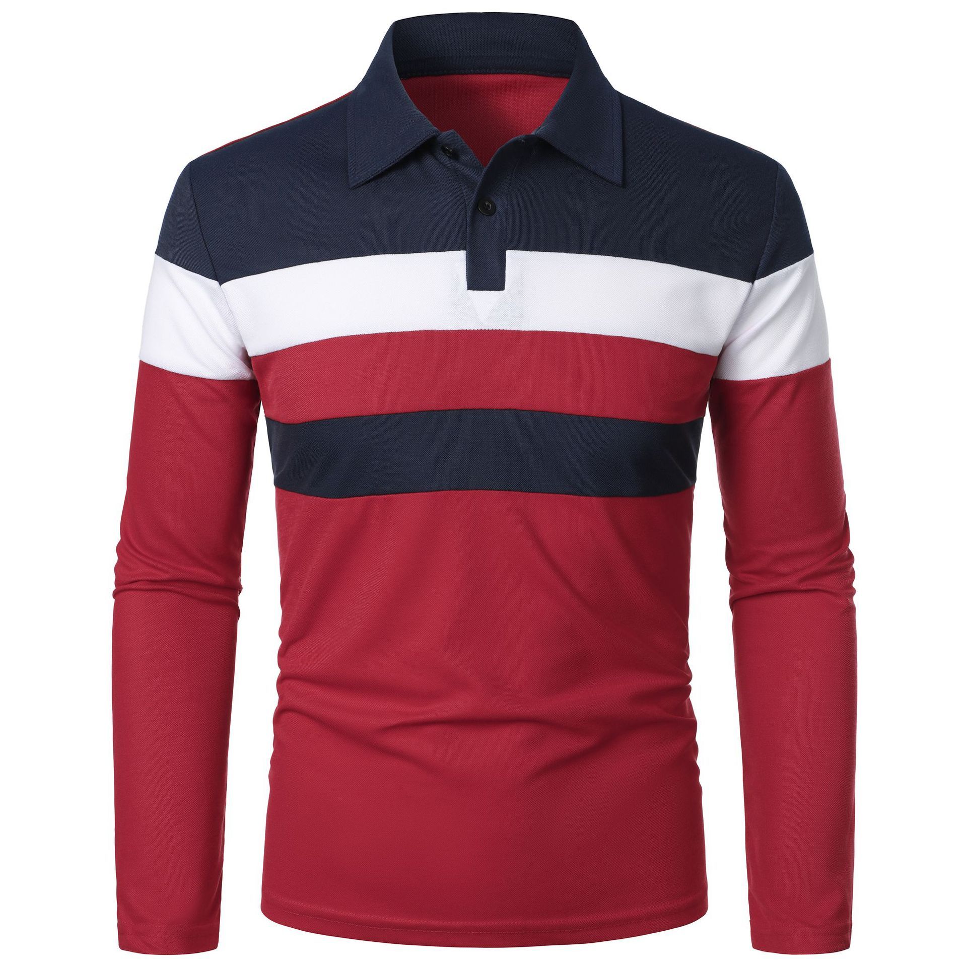 Summer new men's T-shirt long sleeve lapel stripe color matching fashion T-shirt is suitable for daily leisure outdoor sports commuting business wear.