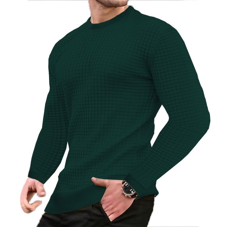 The new men's long-sleeved T-shirt with solid color round neck Waffle men's sweater is suitable for leisure, office, commuting and outdoor sports.
