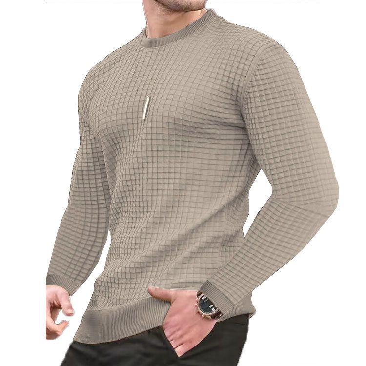 The new men's long-sleeved T-shirt with solid color round neck Waffle men's sweater is suitable for leisure, office, commuting and outdoor sports.