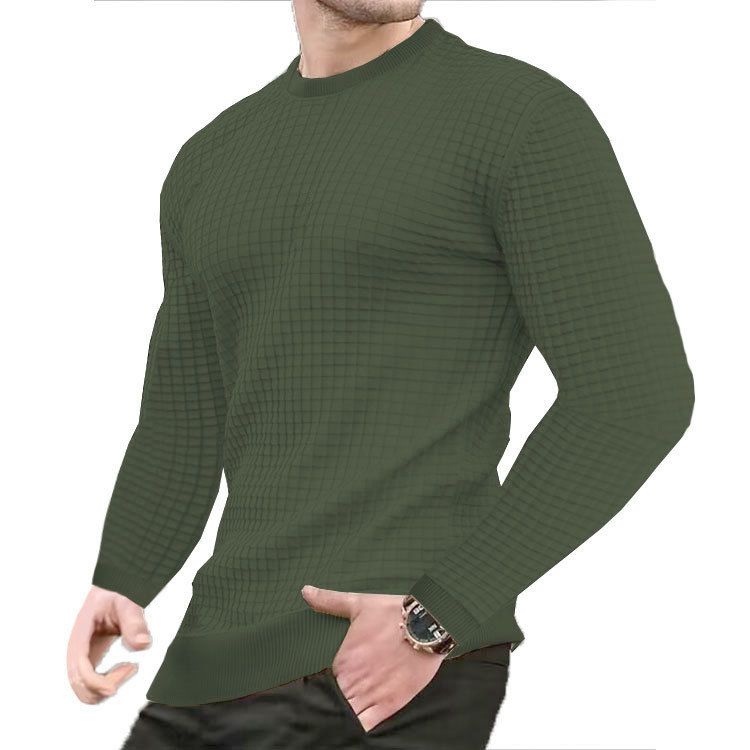 The new men's long-sleeved T-shirt with solid color round neck Waffle men's sweater is suitable for leisure, office, commuting and outdoor sports.