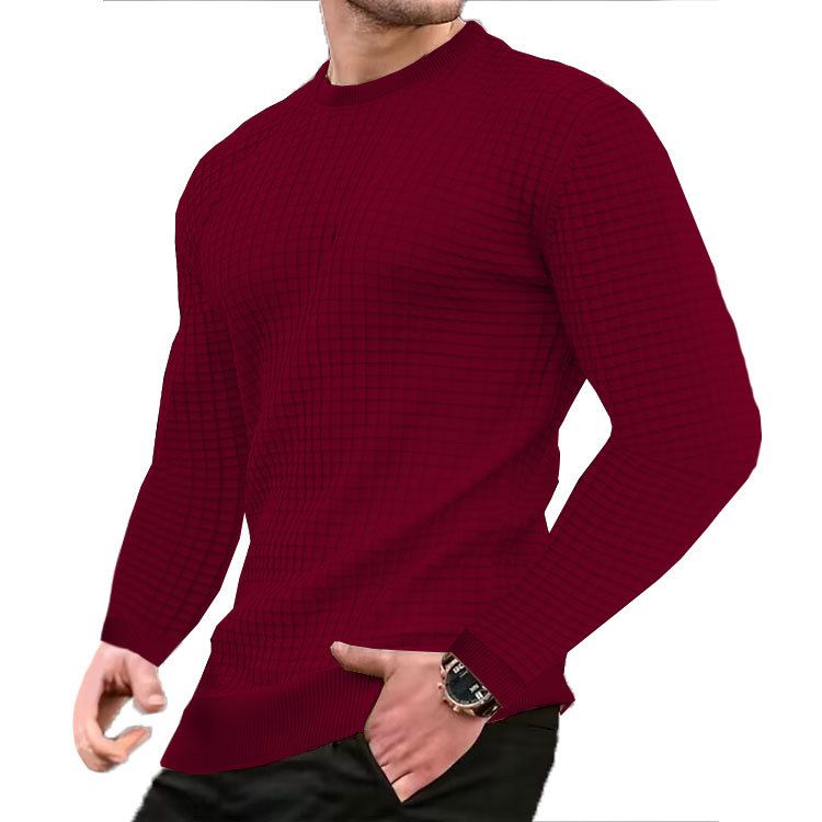 The new men's long-sleeved T-shirt with solid color round neck Waffle men's sweater is suitable for leisure, office, commuting and outdoor sports.