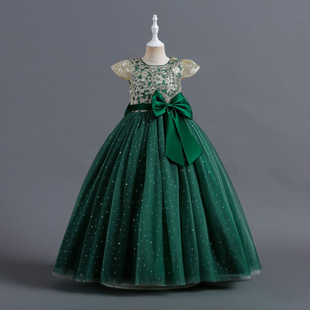 New girl dress short sleeve round neck sequined bow gauze fluffy skirt long princess dress suitable for birthday party school Christmas party dinner dress costume.