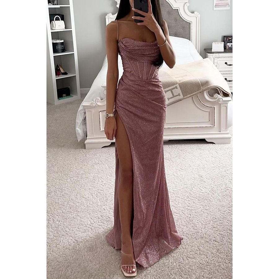 Summer new women's fashion elegant solid color sleeveless sling slim split long dress dress is suitable for daily leisure party dinner dress.