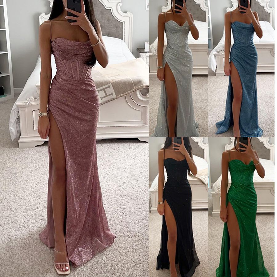Summer new women's fashion elegant solid color sleeveless sling slim split long dress dress is suitable for daily leisure party dinner dress.