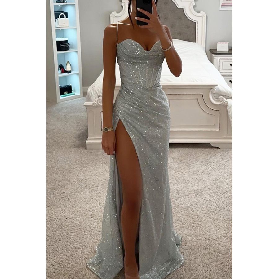 Summer new women's fashion elegant solid color sleeveless sling slim split long dress dress is suitable for daily leisure party dinner dress.