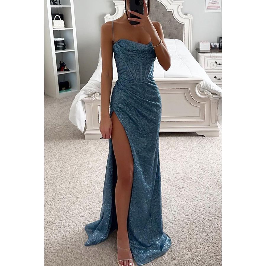 Summer new women's fashion elegant solid color sleeveless sling slim split long dress dress is suitable for daily leisure party dinner dress.