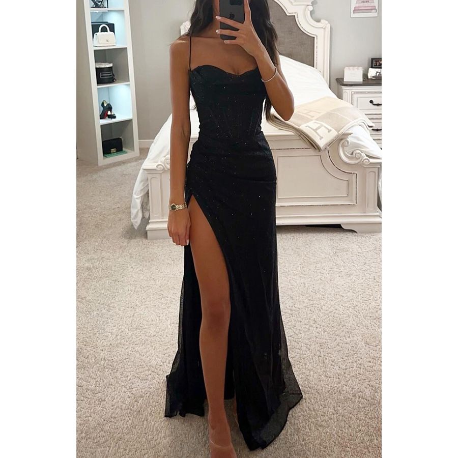 Summer new women's fashion elegant solid color sleeveless sling slim split long dress dress is suitable for daily leisure party dinner dress.