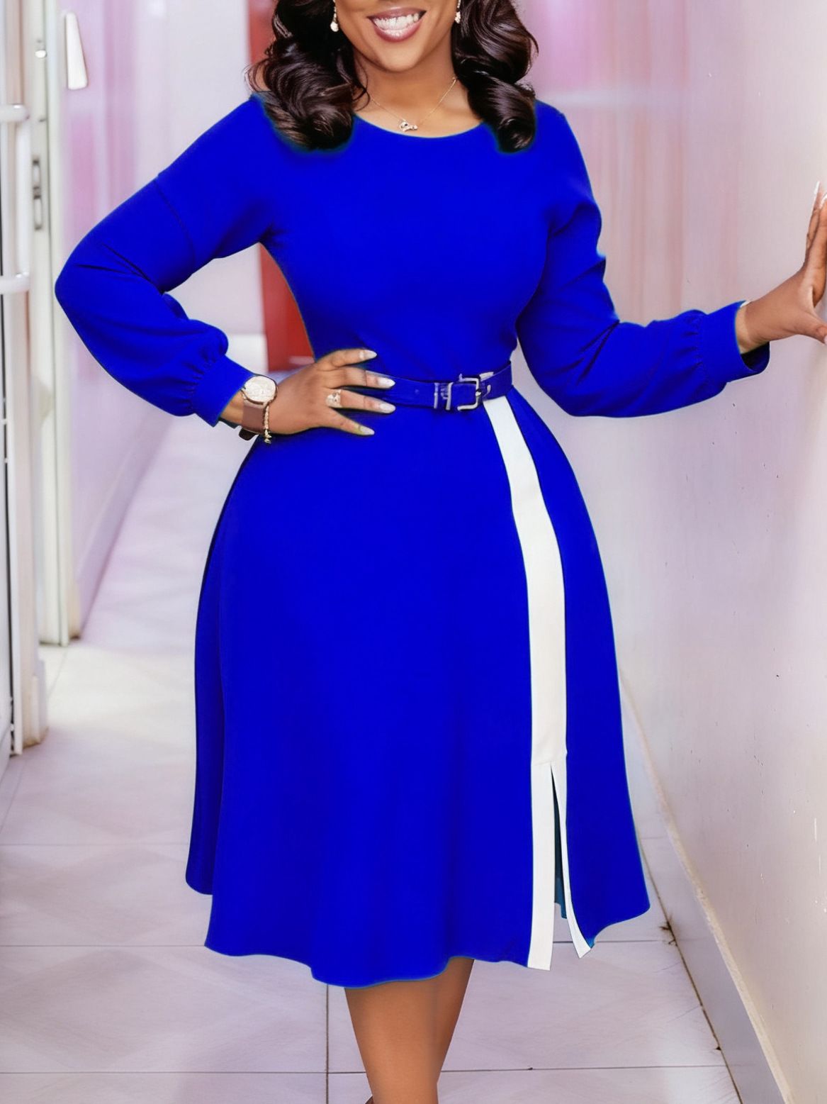 New women's dress fashion color matching long sleeve round neck waist long dress is suitable for daily leisure office commuting party.