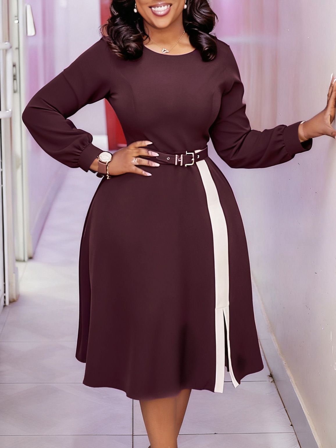 New women's dress fashion color matching long sleeve round neck waist long dress is suitable for daily leisure office commuting party.