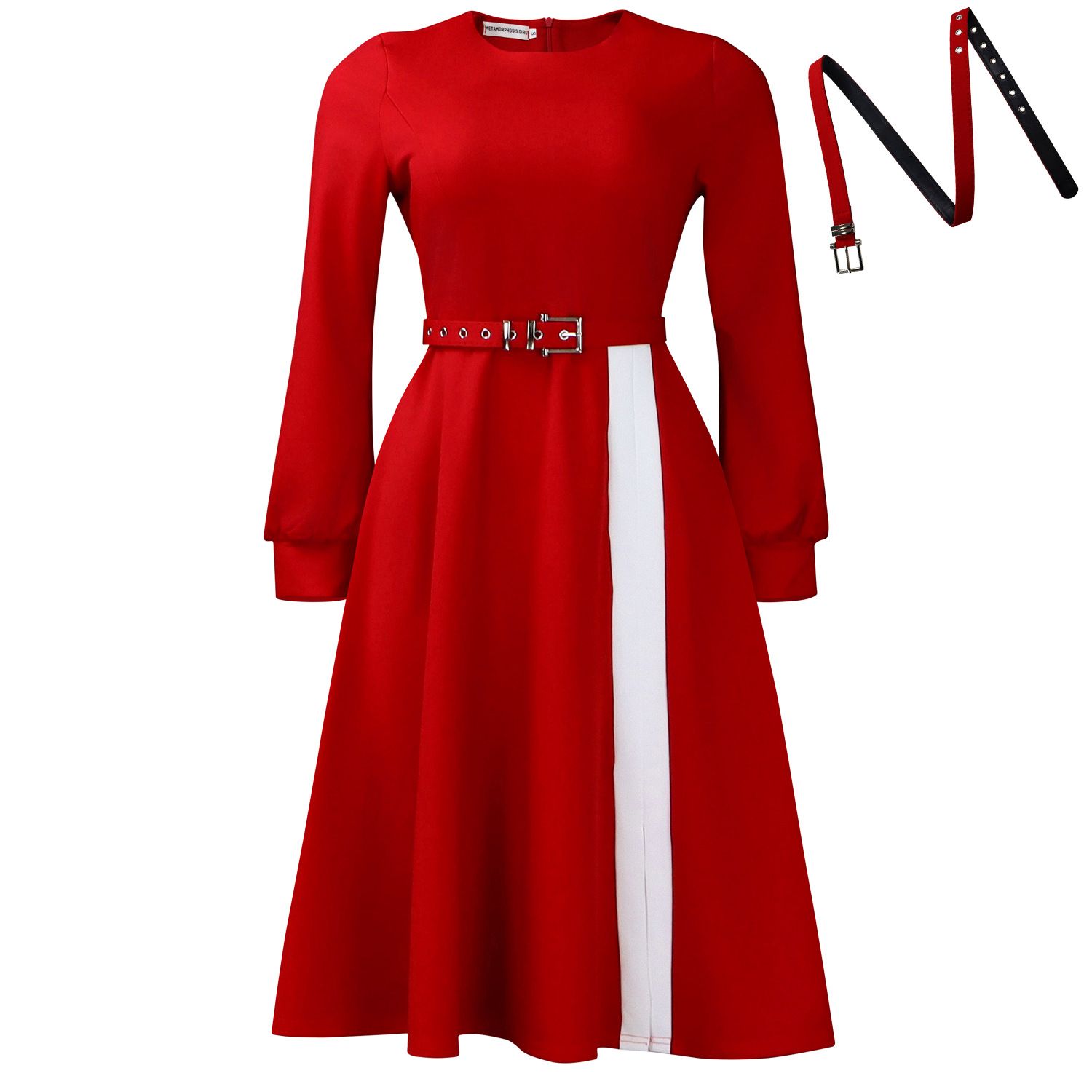 New women's dress fashion color matching long sleeve round neck waist long dress is suitable for daily leisure office commuting party.