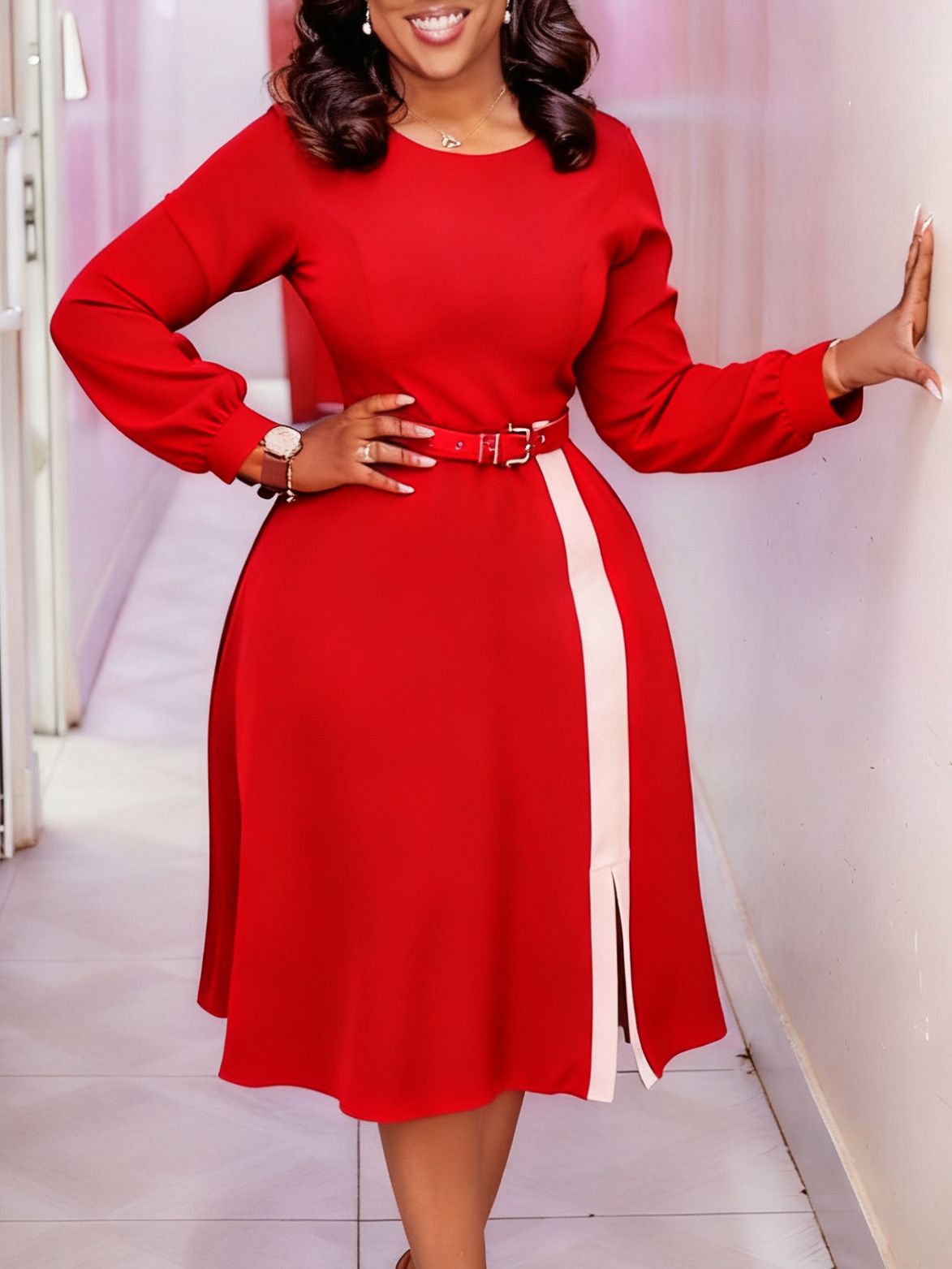 New women's dress fashion color matching long sleeve round neck waist long dress is suitable for daily leisure office commuting party.