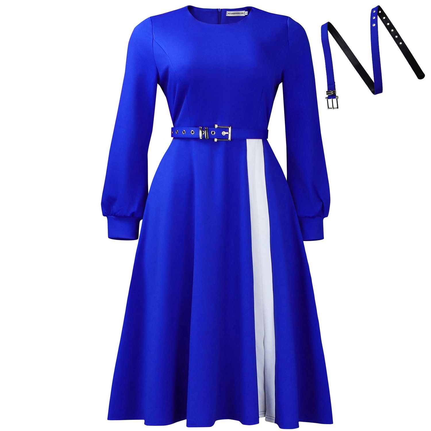 New women's dress fashion color matching long sleeve round neck waist long dress is suitable for daily leisure office commuting party.