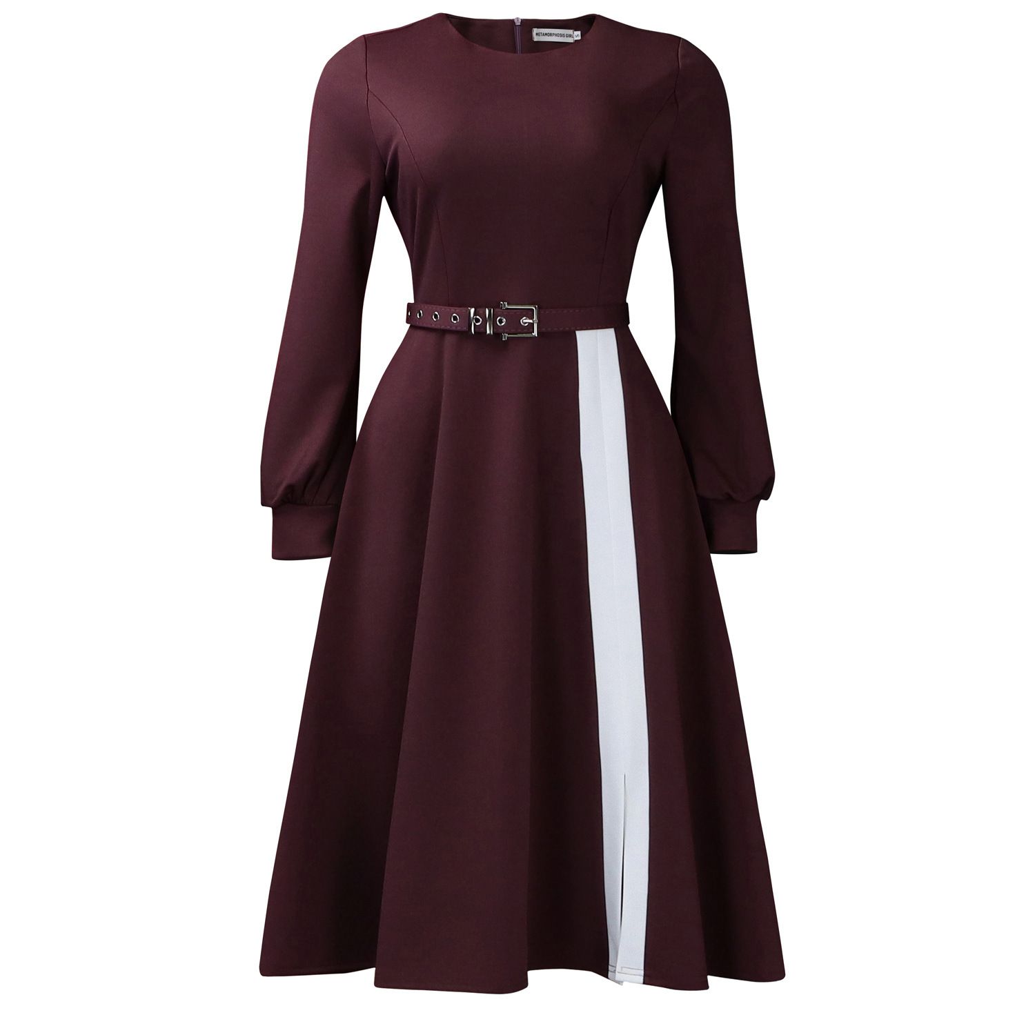 New women's dress fashion color matching long sleeve round neck waist long dress is suitable for daily leisure office commuting party.
