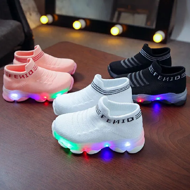 Kids Sneakers Children Girls Boys Letter Mesh Led Luminous Socks Sport Run Sneakers Light Up Shoes 21-30
