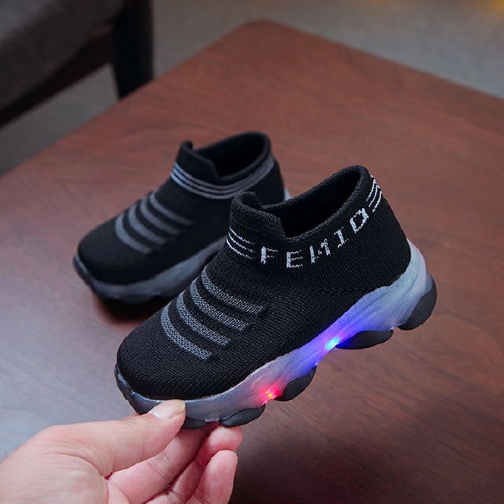Kids Sneakers Children Girls Boys Letter Mesh Led Luminous Socks Sport Run Sneakers Light Up Shoes 21-30