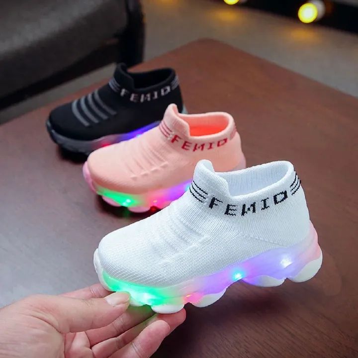 Kids Sneakers Children Girls Boys Letter Mesh Led Luminous Socks Sport Run Sneakers Light Up Shoes 21-30