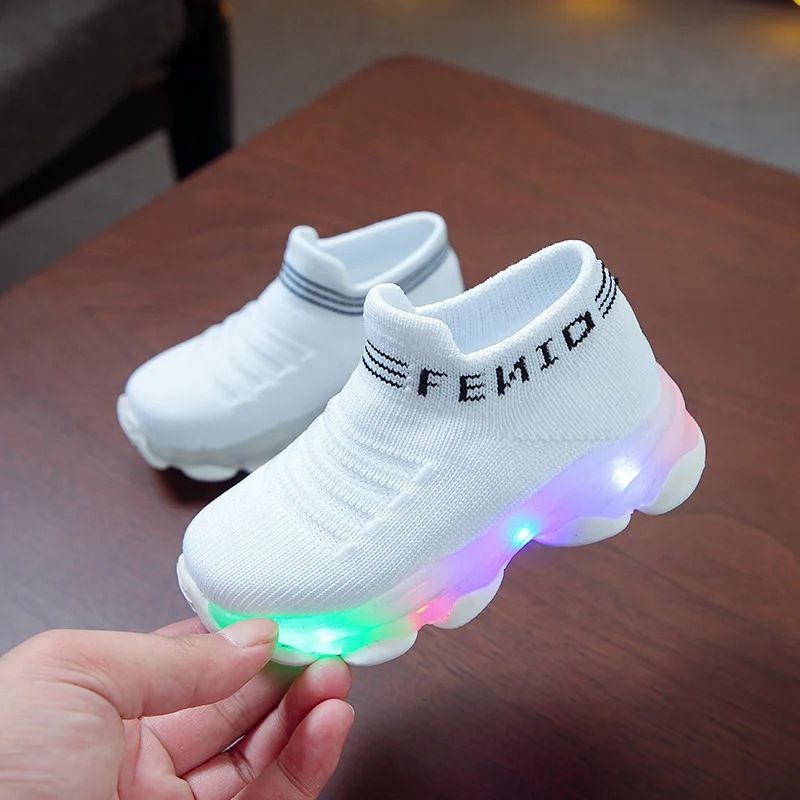Kids Sneakers Children Girls Boys Letter Mesh Led Luminous Socks Sport Run Sneakers Light Up Shoes 21-30