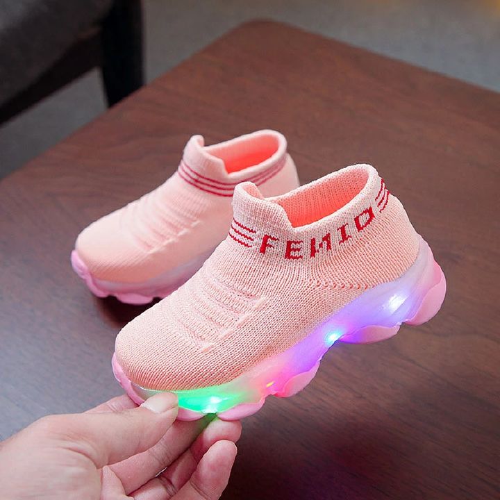 Kids Sneakers Children Girls Boys Letter Mesh Led Luminous Socks Sport Run Sneakers Light Up Shoes 21-30