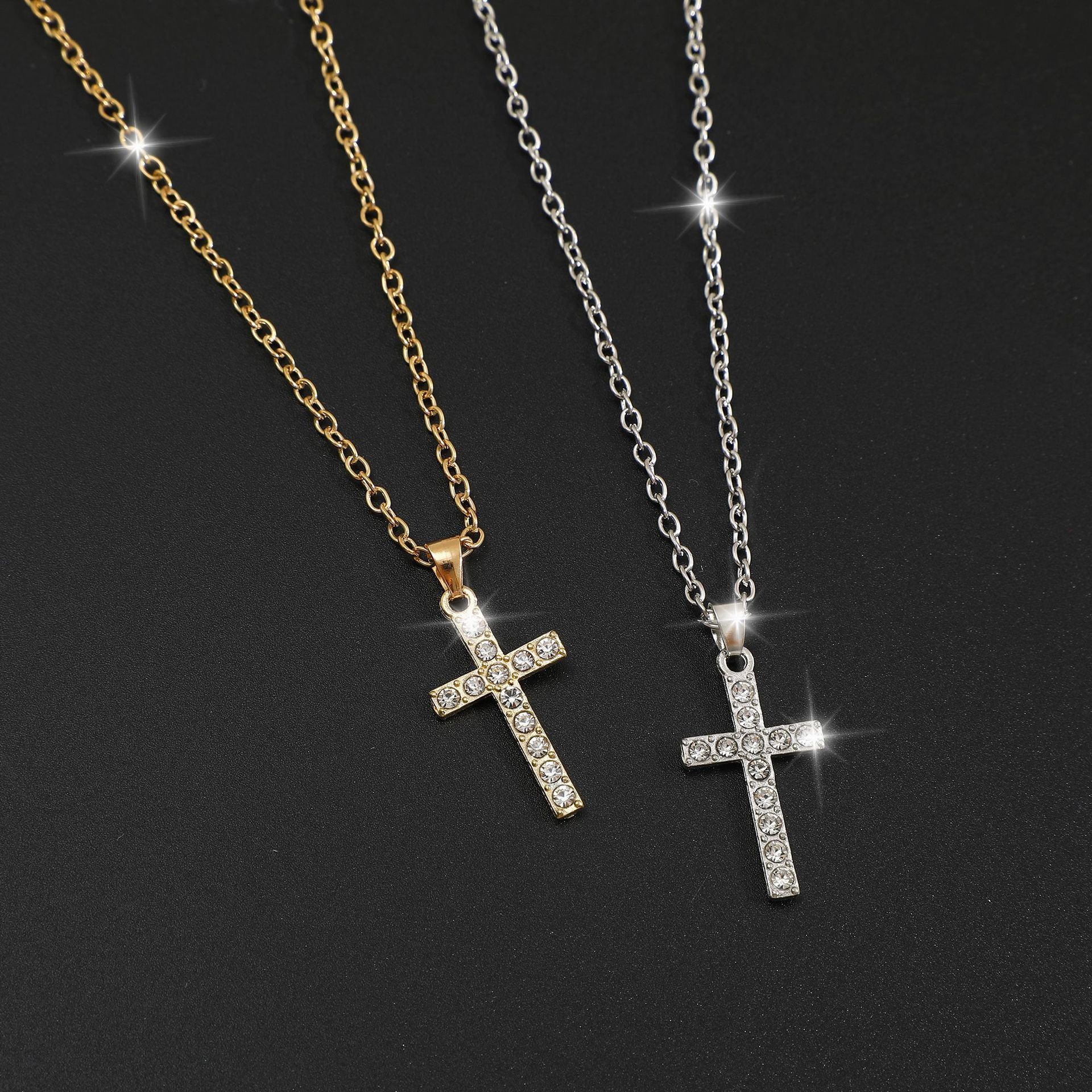 Simple Zirconia Cross Pendant Necklace, Fashion Chain For Women & Men, Gold/Silver Layered Minimalist Jewelry Gift