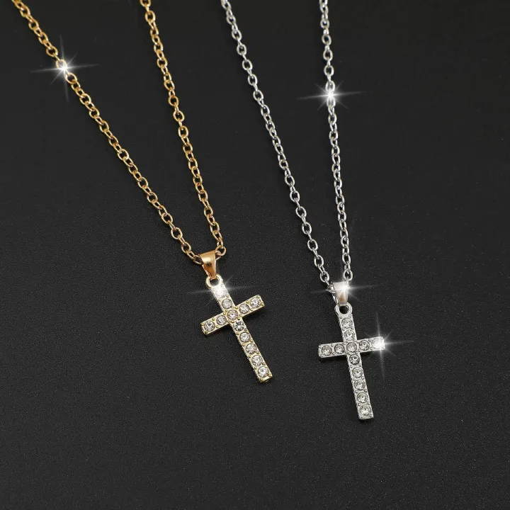 Simple Zirconia Cross Pendant Necklace, Fashion Chain For Women & Men, Gold/Silver Layered Minimalist Jewelry Gift