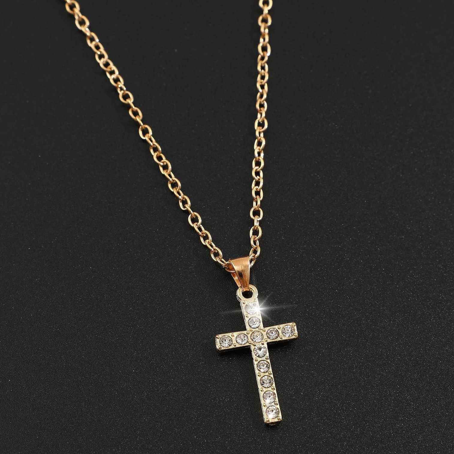 Simple Zirconia Cross Pendant Necklace, Fashion Chain For Women & Men, Gold/Silver Layered Minimalist Jewelry Gift