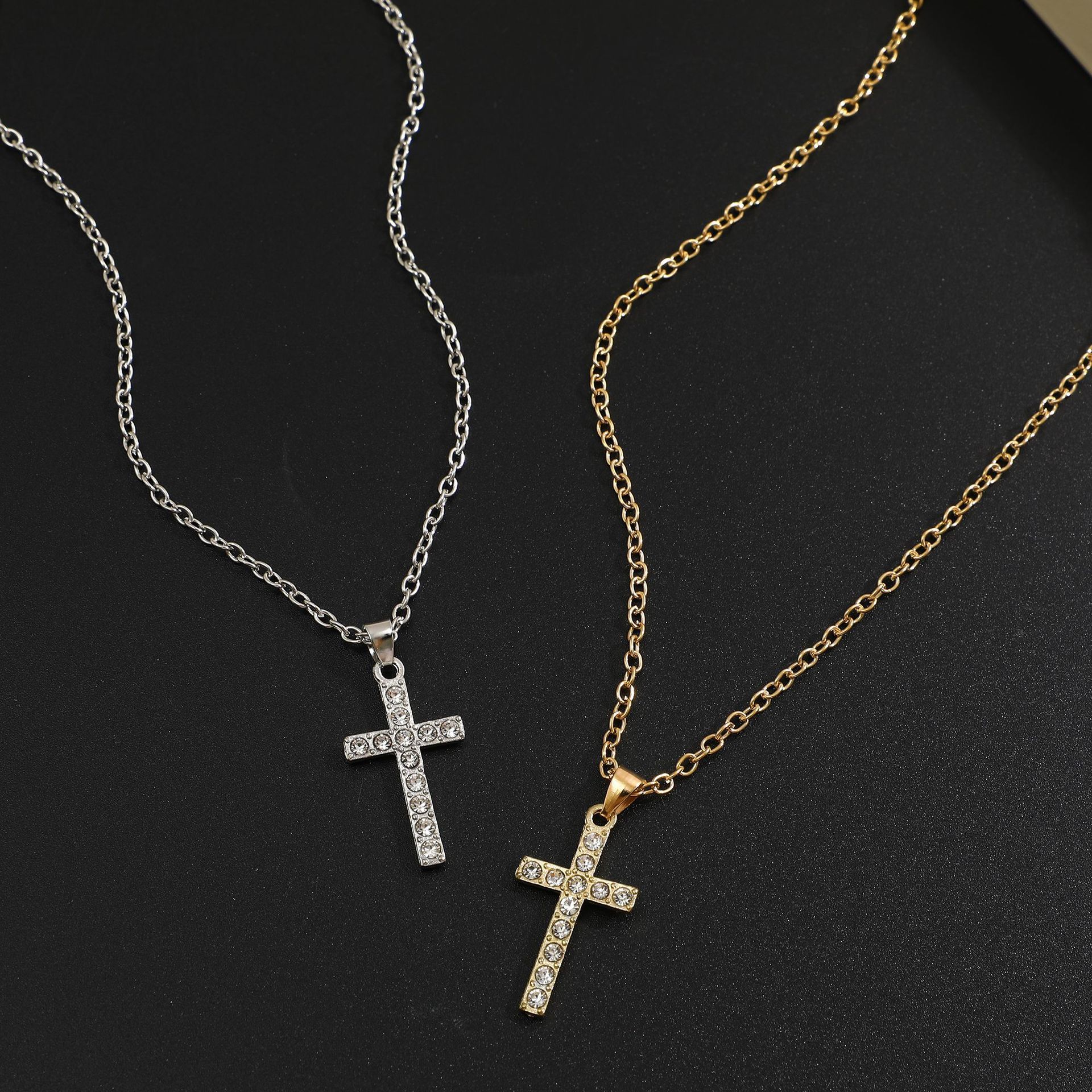 Simple Zirconia Cross Pendant Necklace, Fashion Chain For Women & Men, Gold/Silver Layered Minimalist Jewelry Gift