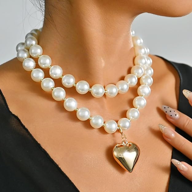 Chunky Gold Heart Pendant Necklace for Women, Layered Pearl Beads Chain, Bold Statement Jewelry, Bridal Wedding Gift for Her, Valentine's Day, Anniversary, Birthday Party