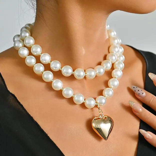 Chunky Gold Heart Pendant Necklace for Women, Layered Pearl Beads Chain, Bold Statement Jewelry, Bridal Wedding Gift for Her, Valentine's Day, Anniversary, Birthday Party