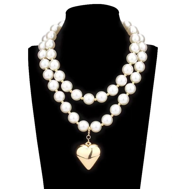 Chunky Gold Heart Pendant Necklace for Women, Layered Pearl Beads Chain, Bold Statement Jewelry, Bridal Wedding Gift for Her, Valentine's Day, Anniversary, Birthday Party