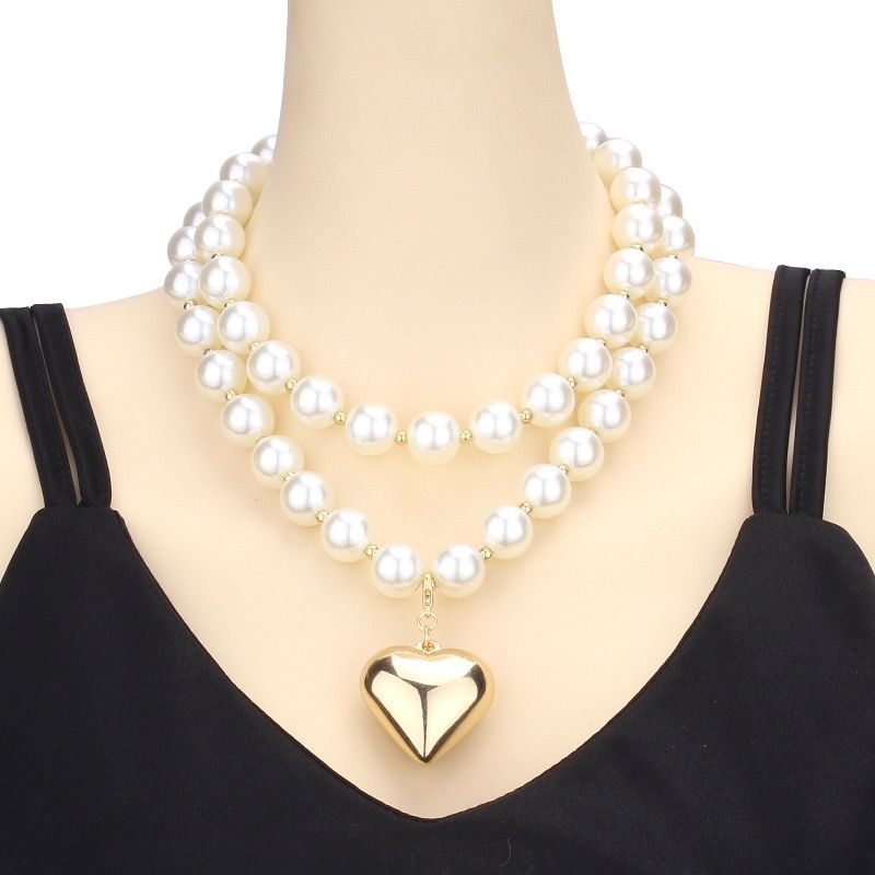 Chunky Gold Heart Pendant Necklace for Women, Layered Pearl Beads Chain, Bold Statement Jewelry, Bridal Wedding Gift for Her, Valentine's Day, Anniversary, Birthday Party