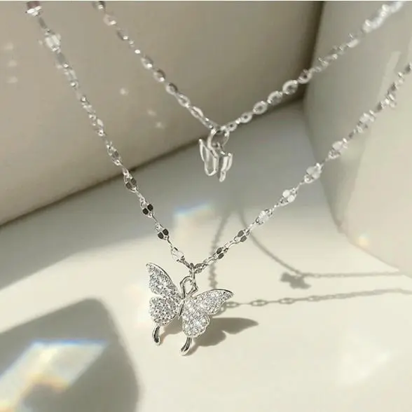 Double Micro-Set Premium Zirconia Delicate Butterfly Pendant Necklace - High-Quality Craftsmanship, Perfect Trendy Jewelry Gift for Ladies to Complement Any Outfit on All Occasions