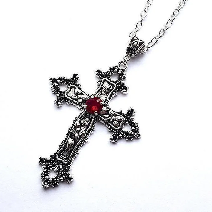 Gothic Cross Necklace! Oversized silver-tone pendant, red stone center. Unique Gothic style, highly personalized. Versatile for daily, formal, religious & nightlife. Best gift for your loved.