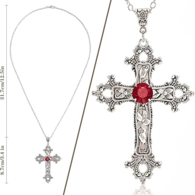 Gothic Cross Necklace! Oversized silver-tone pendant, red stone center. Unique Gothic style, highly personalized. Versatile for daily, formal, religious & nightlife. Best gift for your loved.