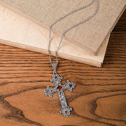 Gothic Cross Necklace! Oversized silver-tone pendant, red stone center. Unique Gothic style, highly personalized. Versatile for daily, formal, religious & nightlife. Best gift for your loved.