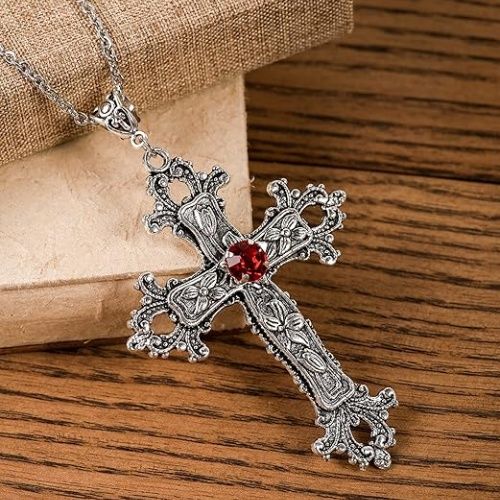 Gothic Cross Necklace! Oversized silver-tone pendant, red stone center. Unique Gothic style, highly personalized. Versatile for daily, formal, religious & nightlife. Best gift for your loved.